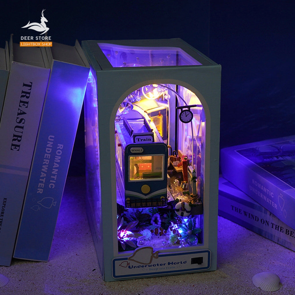 Book Nook Tự Làm Trang Trí giá sách Chủ đề Underwater World. Mô hình bằng gỗ 3d Tặng Keo Dán, Đèn led và Che Bụi TC39.