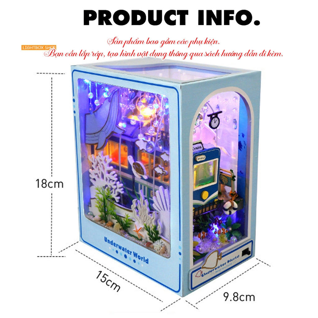 Book Nook Tự Làm Trang Trí giá sách Chủ đề Underwater World. Mô hình bằng gỗ 3d Tặng Keo Dán, Đèn led và Che Bụi TC39.