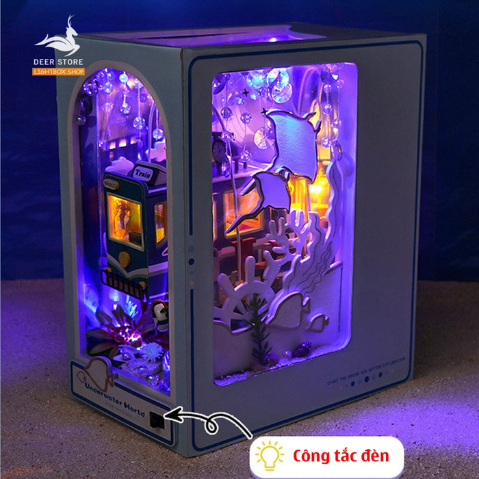 Book Nook Tự Làm Trang Trí giá sách Chủ đề Underwater World. Mô hình bằng gỗ 3d Tặng Keo Dán, Đèn led và Che Bụi TC39.