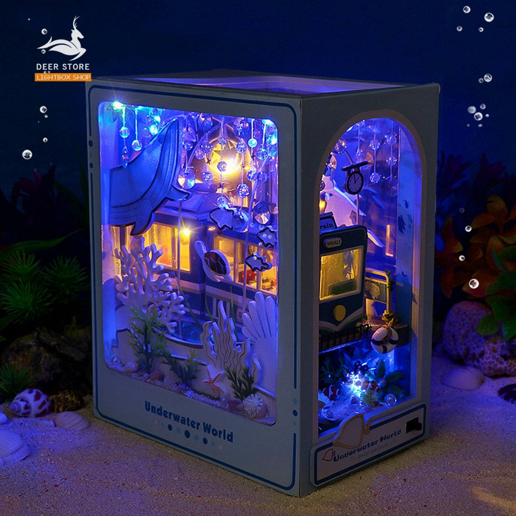Book Nook Tự Làm Trang Trí giá sách Chủ đề Underwater World. Mô hình bằng gỗ 3d Tặng Keo Dán, Đèn led và Che Bụi TC39.