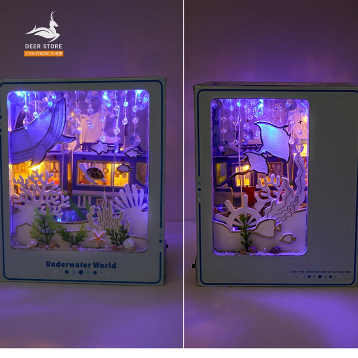 Book Nook Tự Làm Trang Trí giá sách Chủ đề Underwater World. Mô hình bằng gỗ 3d Tặng Keo Dán, Đèn led và Che Bụi TC39.