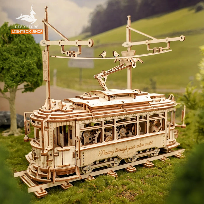 Mô hình Robotime Tàu lửa - Xe điện cổ Số 28 tự lắp ráp bằng gỗ DIY. ROKR Classic City Tram 3D Wooden Puzzle LK801