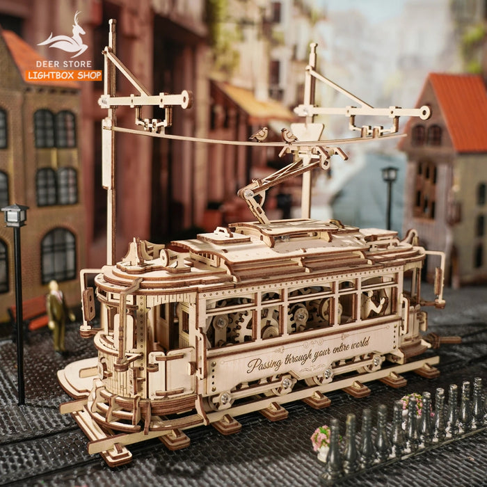 Mô hình Robotime Tàu lửa - Xe điện cổ Số 28 tự lắp ráp bằng gỗ DIY. ROKR Classic City Tram 3D Wooden Puzzle LK801