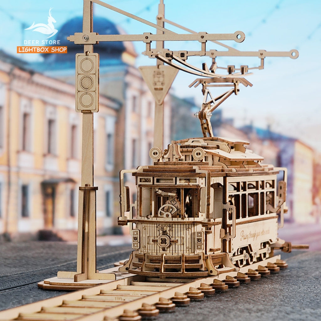 Mô hình Robotime Tàu lửa - Xe điện cổ Số 28 tự lắp ráp bằng gỗ DIY. ROKR Classic City Tram 3D Wooden Puzzle LK801