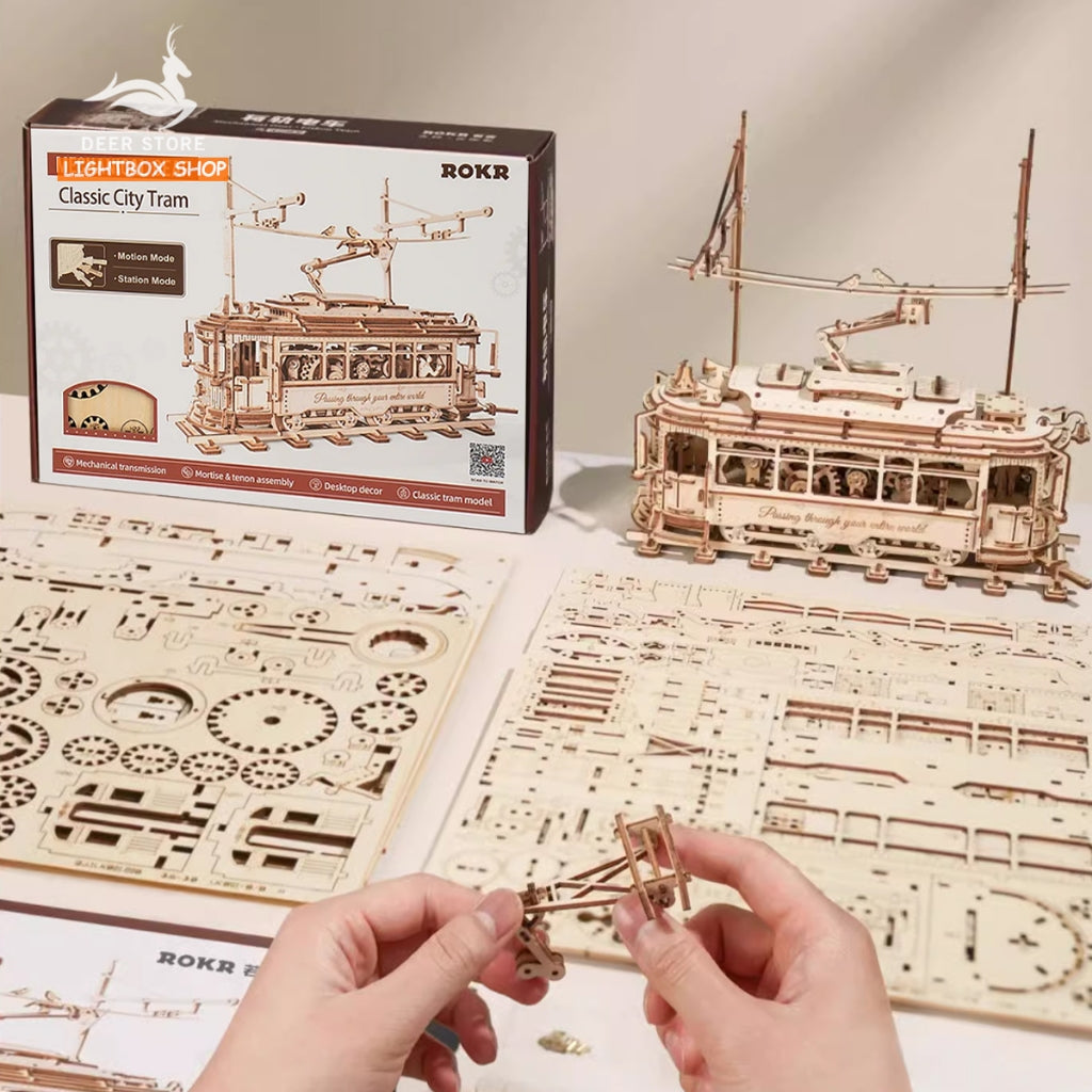 Mô hình Robotime Tàu lửa - Xe điện cổ Số 28 tự lắp ráp bằng gỗ DIY. ROKR Classic City Tram 3D Wooden Puzzle LK801