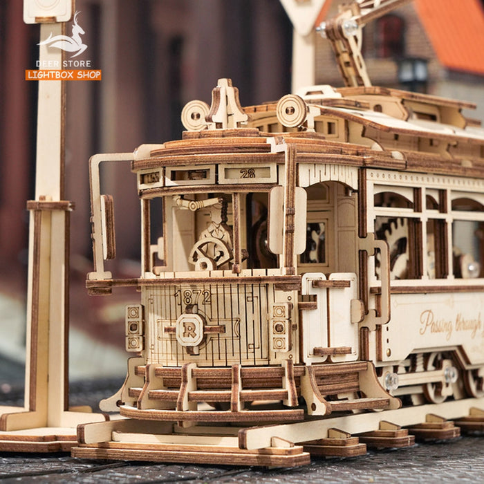 Mô hình Robotime Tàu lửa - Xe điện cổ Số 28 tự lắp ráp bằng gỗ DIY. ROKR Classic City Tram 3D Wooden Puzzle LK801