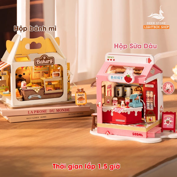 Nhà búp bê mini Robotime. Hộp Sữa Dâu và Hộp Bánh Mì. Rolife Bakery Và Strawberry Milk Box DS033 Mô hình có đèn led