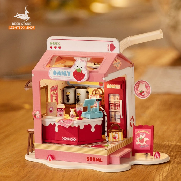 Nhà búp bê mini Robotime. Hộp Sữa Dâu và Hộp Bánh Mì. Rolife Bakery Và Strawberry Milk Box DS033 Mô hình có đèn led