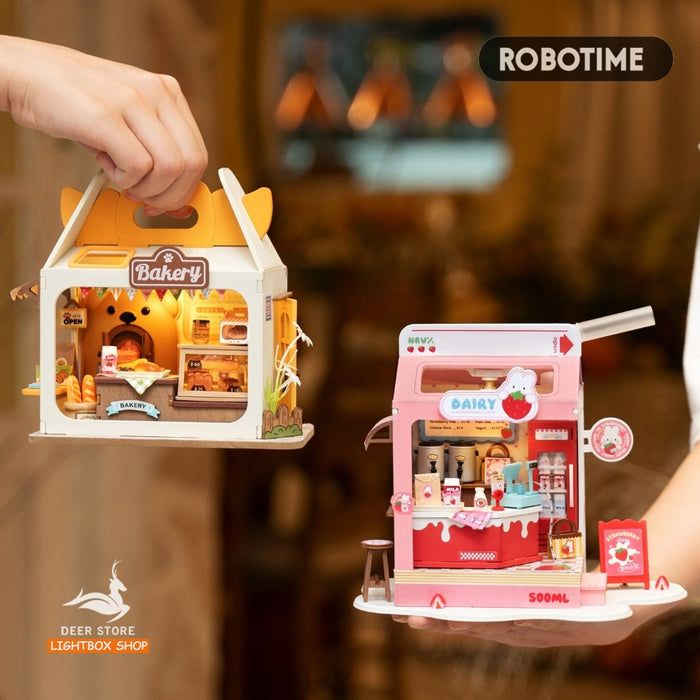 Nhà búp bê mini Robotime. Hộp Sữa Dâu và Hộp Bánh Mì. Rolife Bakery Và Strawberry Milk Box DS033 Mô hình có đèn led