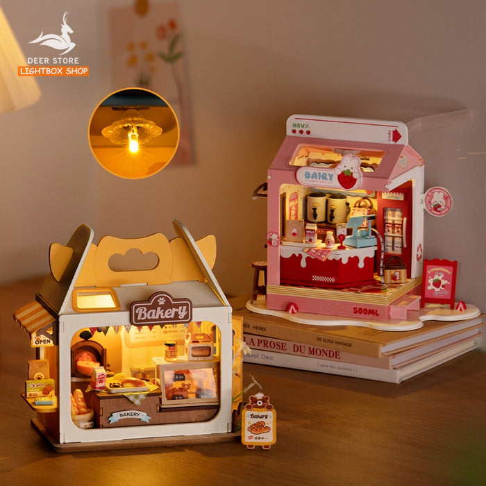 Nhà búp bê mini Robotime. Hộp Sữa Dâu và Hộp Bánh Mì. Rolife Bakery Và Strawberry Milk Box DS033 Mô hình có đèn led