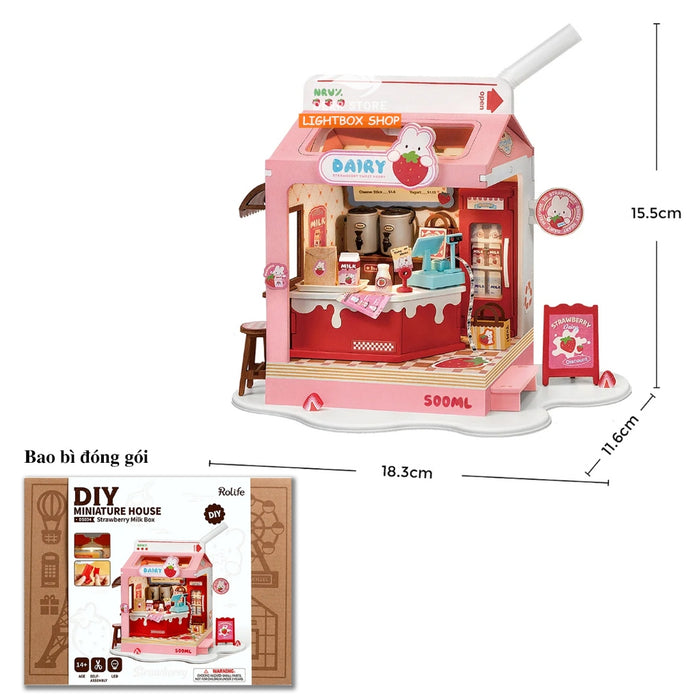 Nhà búp bê mini Robotime. Hộp Sữa Dâu và Hộp Bánh Mì. Rolife Bakery Và Strawberry Milk Box DS033 Mô hình có đèn led