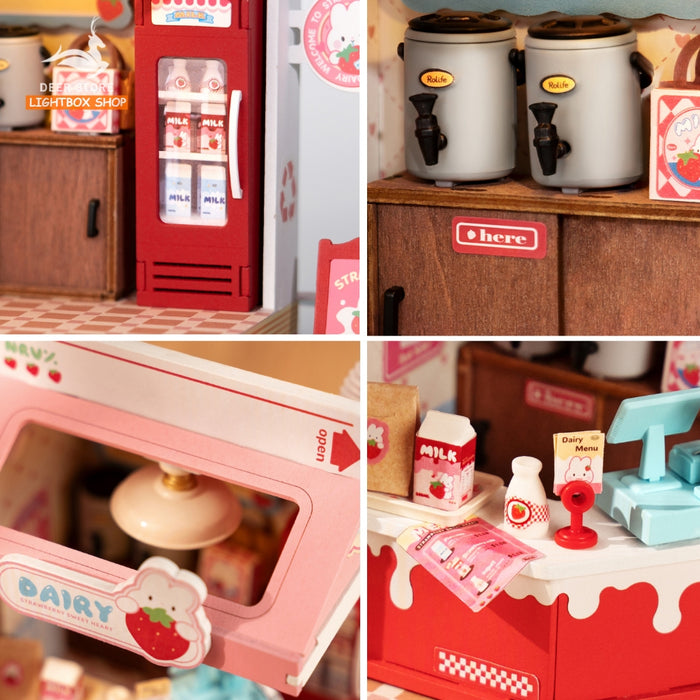 Nhà búp bê mini Robotime. Hộp Sữa Dâu và Hộp Bánh Mì. Rolife Bakery Và Strawberry Milk Box DS033 Mô hình có đèn led