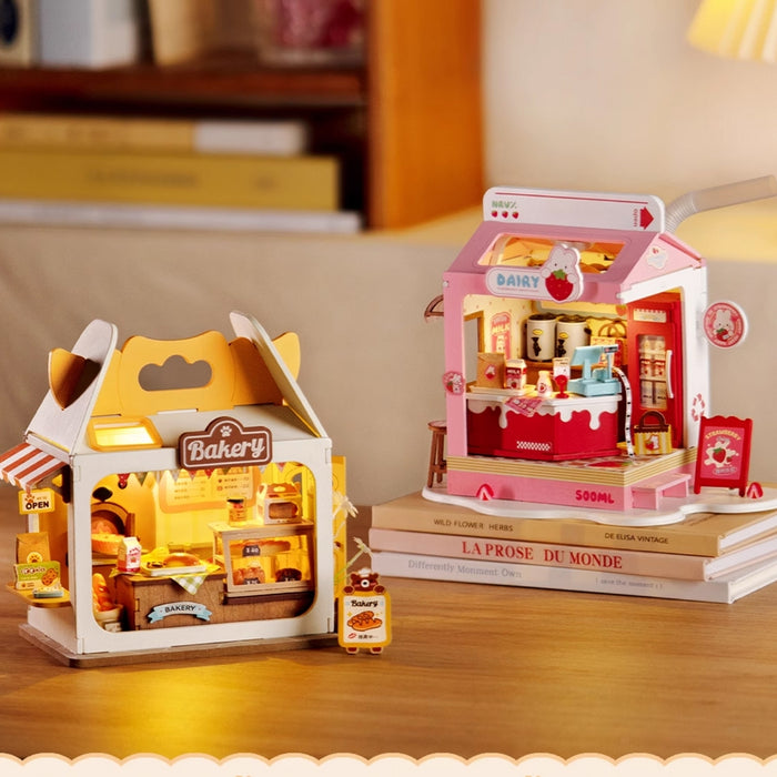 Nhà búp bê mini Robotime. Hộp Sữa Dâu và Hộp Bánh Mì. Rolife Bakery Và Strawberry Milk Box DS033 Mô hình có đèn led