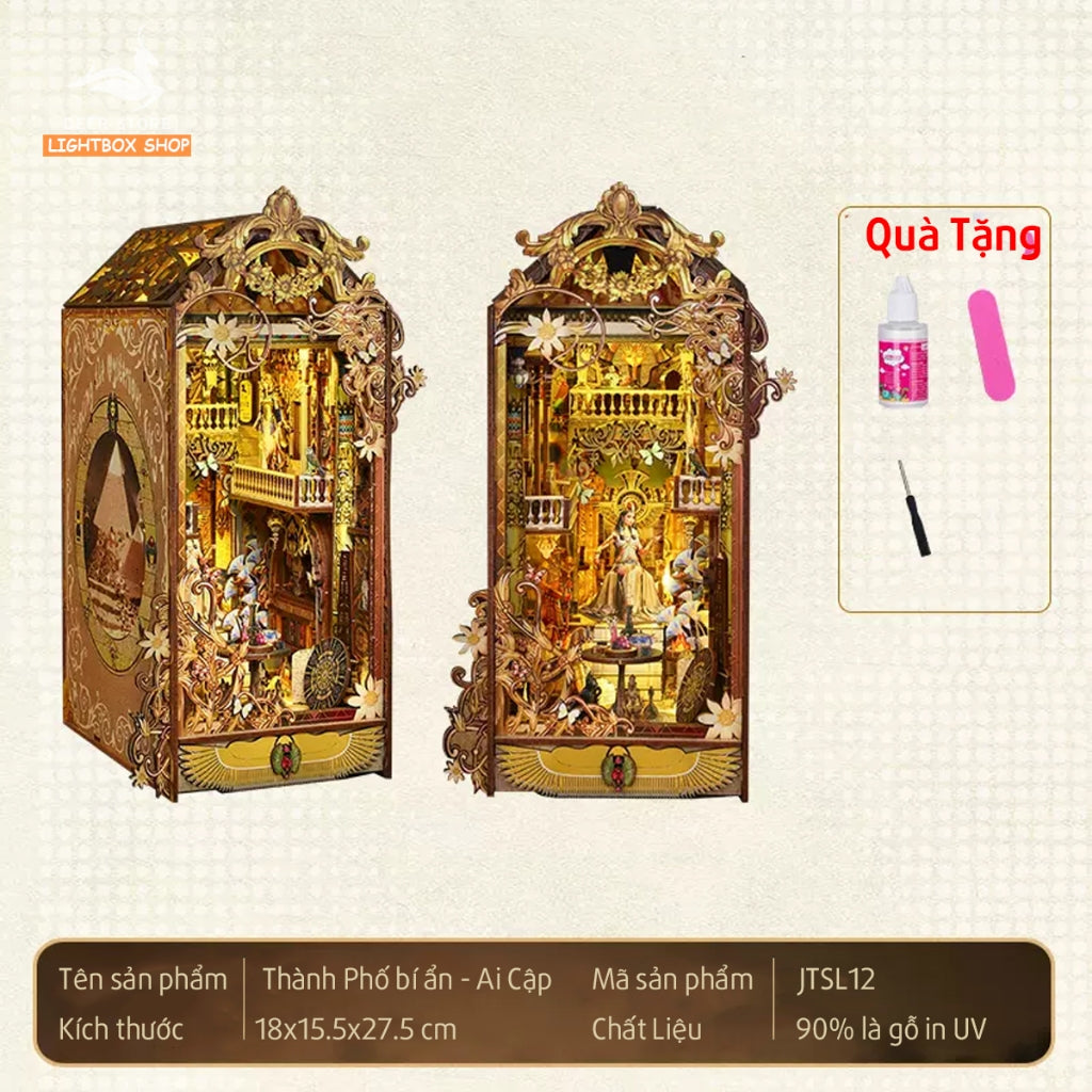 Mô hình book nook Chủ Đề Nữ Hoàng Ai Cập. Phong cách Cổ. JTSL12 Nhà búp bê bằng gỗ 3d có Đèn led. TRACING THE MYSTERIOUS