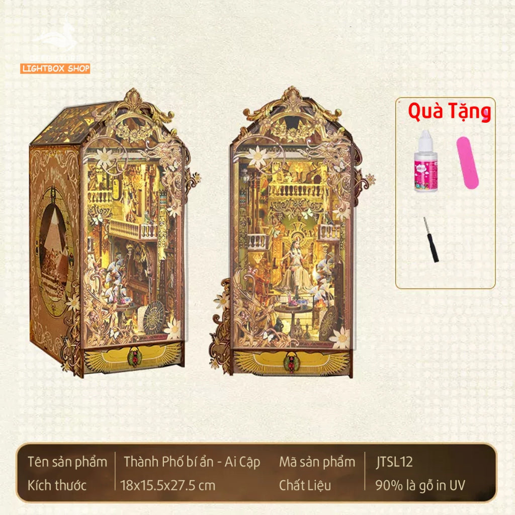 Mô hình book nook Chủ Đề Nữ Hoàng Ai Cập. Phong cách Cổ. JTSL12 Nhà búp bê bằng gỗ 3d có Đèn led. TRACING THE MYSTERIOUS