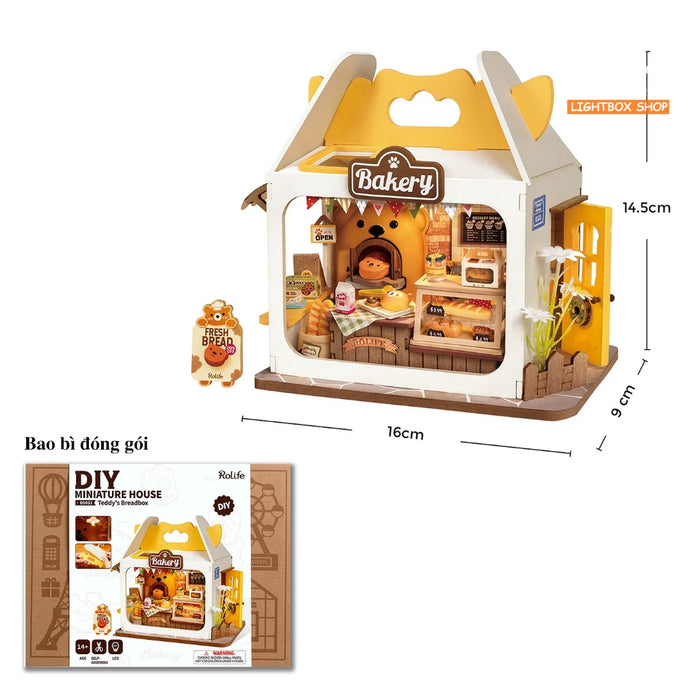 Nhà búp bê mini Robotime. Hộp Sữa Dâu và Hộp Bánh Mì. Rolife Bakery Và Strawberry Milk Box DS033 Mô hình có đèn led