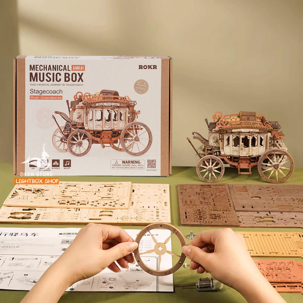 Hộp âm nhạc Xe ngựa Robotime. ROKR Stagecoach Mechanical Music Box AMKA1. Mô hình bằng gỗ Tự lắp ráp. Quà tặng ý nghĩa