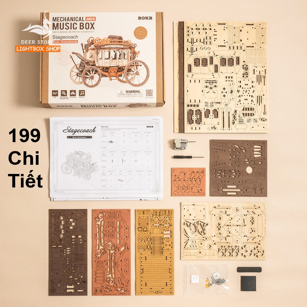 Hộp âm nhạc Xe ngựa Robotime. ROKR Stagecoach Mechanical Music Box AMKA1. Mô hình bằng gỗ Tự lắp ráp. Quà tặng ý nghĩa