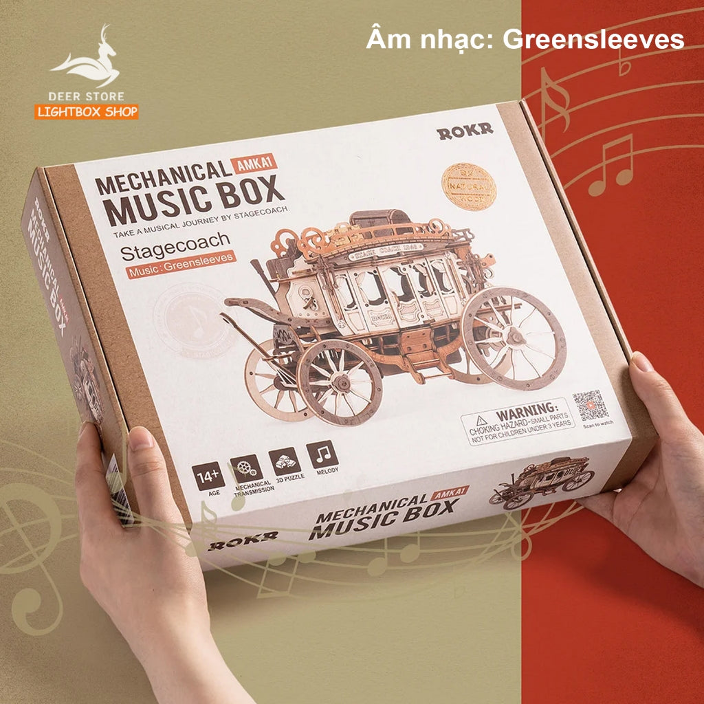 Hộp âm nhạc Xe ngựa Robotime. ROKR Stagecoach Mechanical Music Box AMKA1. Mô hình bằng gỗ Tự lắp ráp. Quà tặng ý nghĩa