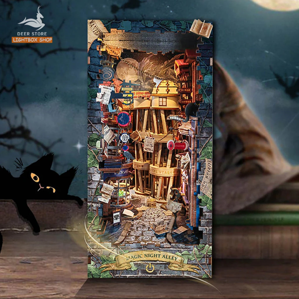Mô hình Book Nook Magic Night Alley. Booknook Hẽm Xéo SQ16. Mô hình trang trí giá sách. Tặng keo dán và Khung Che bụi