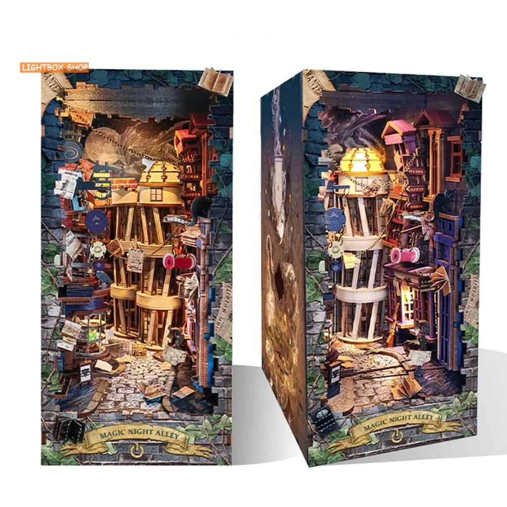 Mô hình Book Nook Magic Night Alley. Booknook Hẽm Xéo SQ16. Mô hình trang trí giá sách. Tặng keo dán và Khung Che bụi