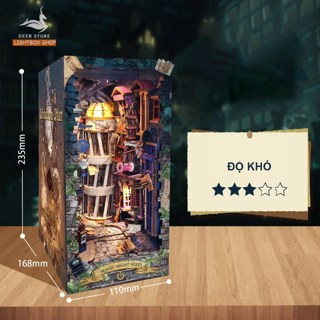 Mô hình Book Nook Magic Night Alley. Booknook Hẽm Xéo SQ16. Mô hình trang trí giá sách. Tặng keo dán và Khung Che bụi