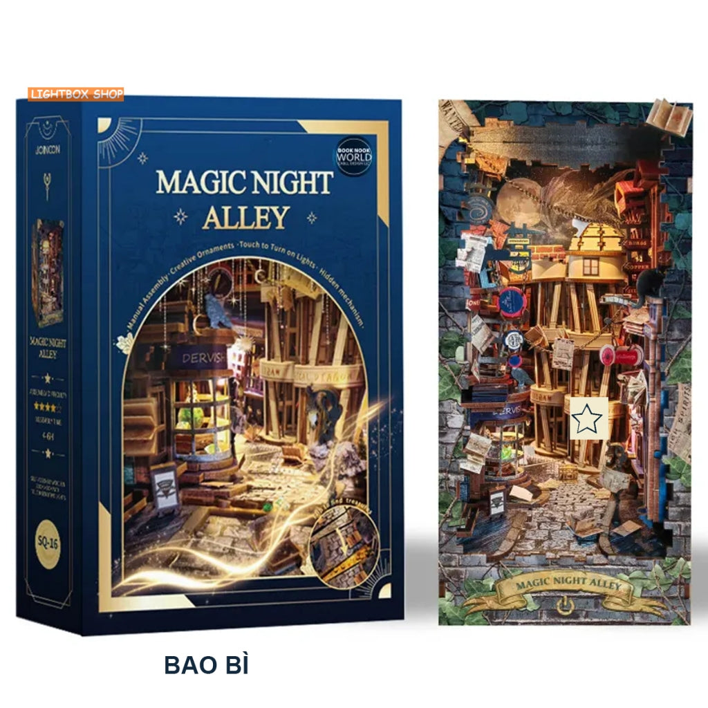 Mô hình Book Nook Magic Night Alley. Booknook Hẽm Xéo SQ16. Mô hình trang trí giá sách. Tặng keo dán và Khung Che bụi