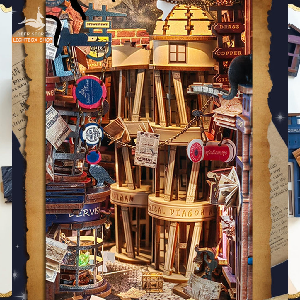 Mô hình Book Nook Magic Night Alley. Booknook Hẽm Xéo SQ16. Mô hình trang trí giá sách. Tặng keo dán và Khung Che bụi