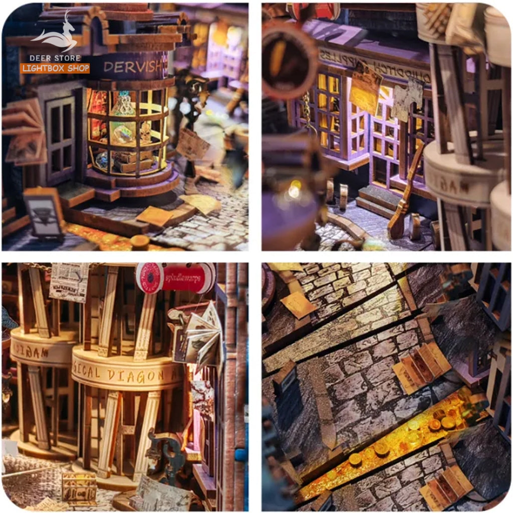 Mô hình Book Nook Magic Night Alley. Booknook Hẽm Xéo SQ16. Mô hình trang trí giá sách. Tặng keo dán và Khung Che bụi