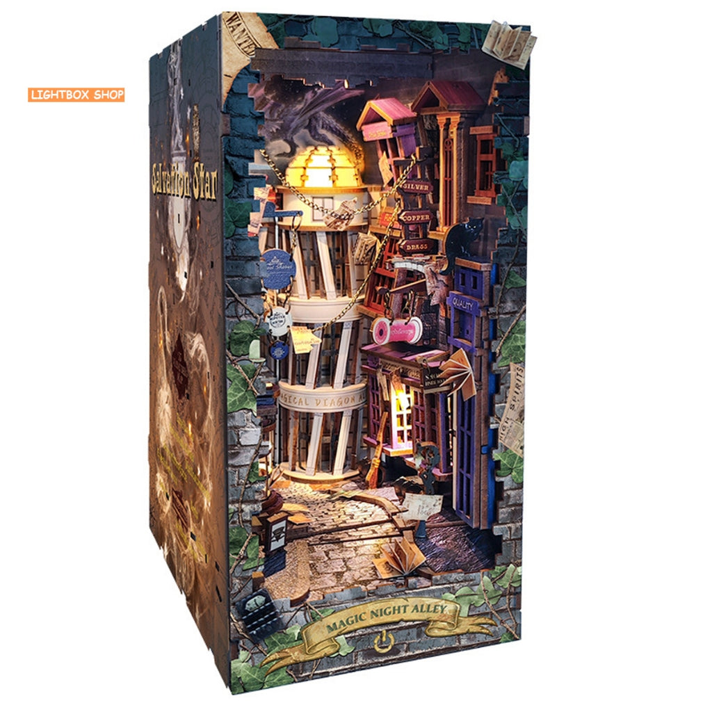 Mô hình Book Nook Magic Night Alley. Booknook Hẽm Xéo SQ16. Mô hình trang trí giá sách. Tặng keo dán và Khung Che bụi