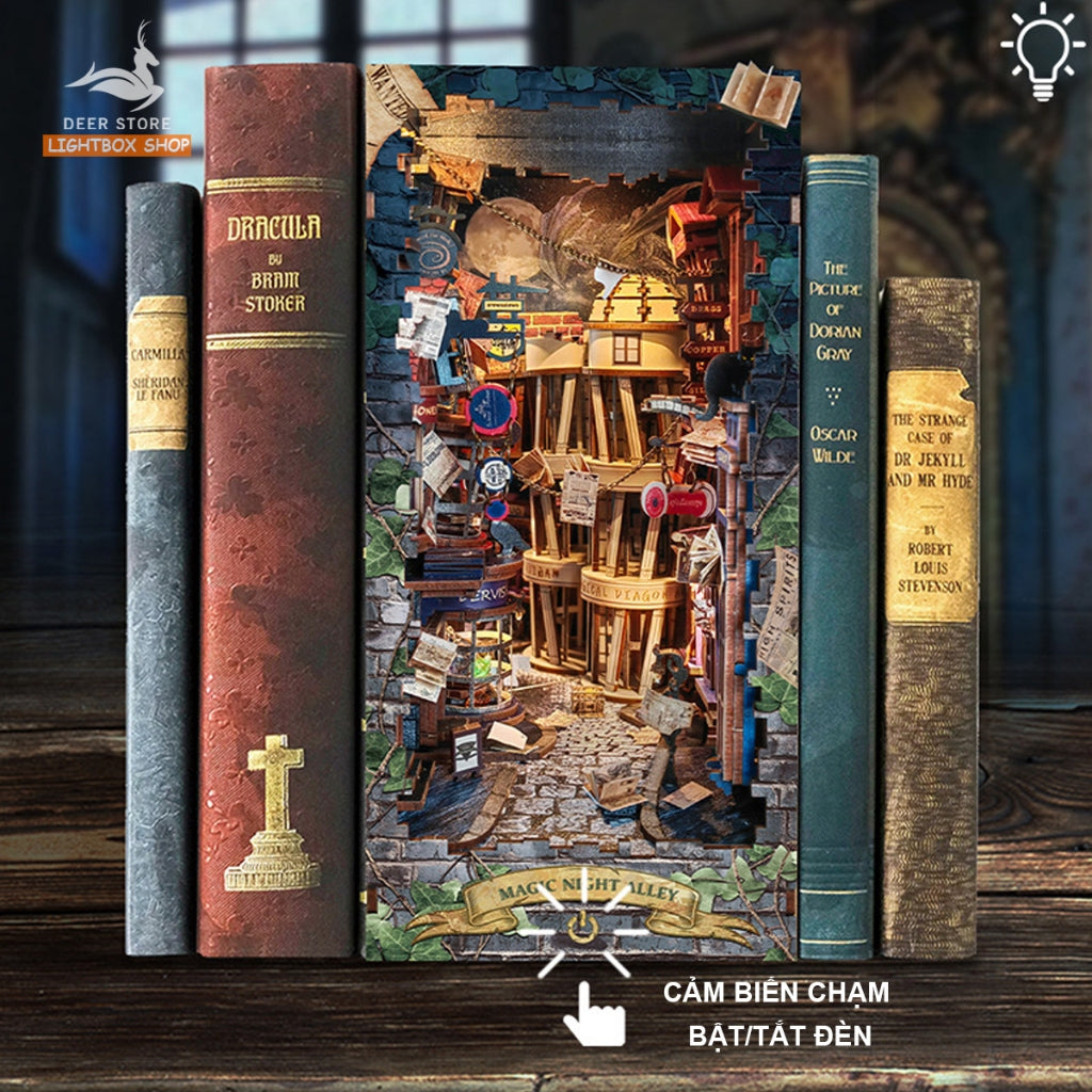 Mô hình Book Nook Magic Night Alley. Booknook Hẽm Xéo SQ16. Mô hình trang trí giá sách. Tặng keo dán và Khung Che bụi