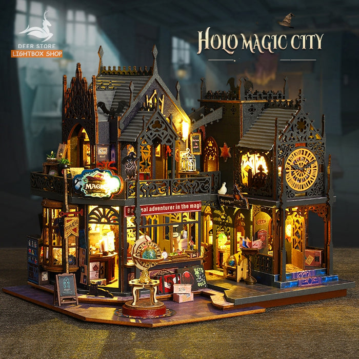 Nhà Búp Bê Tự Làm Bằng Gỗ Holo Magic City Thành Phố Phép Thuật  Mô hình Nhà 3d có Nội Thất Đèn Tặng dụng cụ và keo ES012