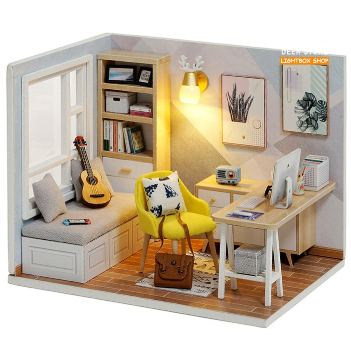 Nhà búp bê Tự làm bằng gỗ  STUDY ROOM có nội thất & đèn led.  Tặng khung MICA + Kéo Nhip Keo tỉ lệ