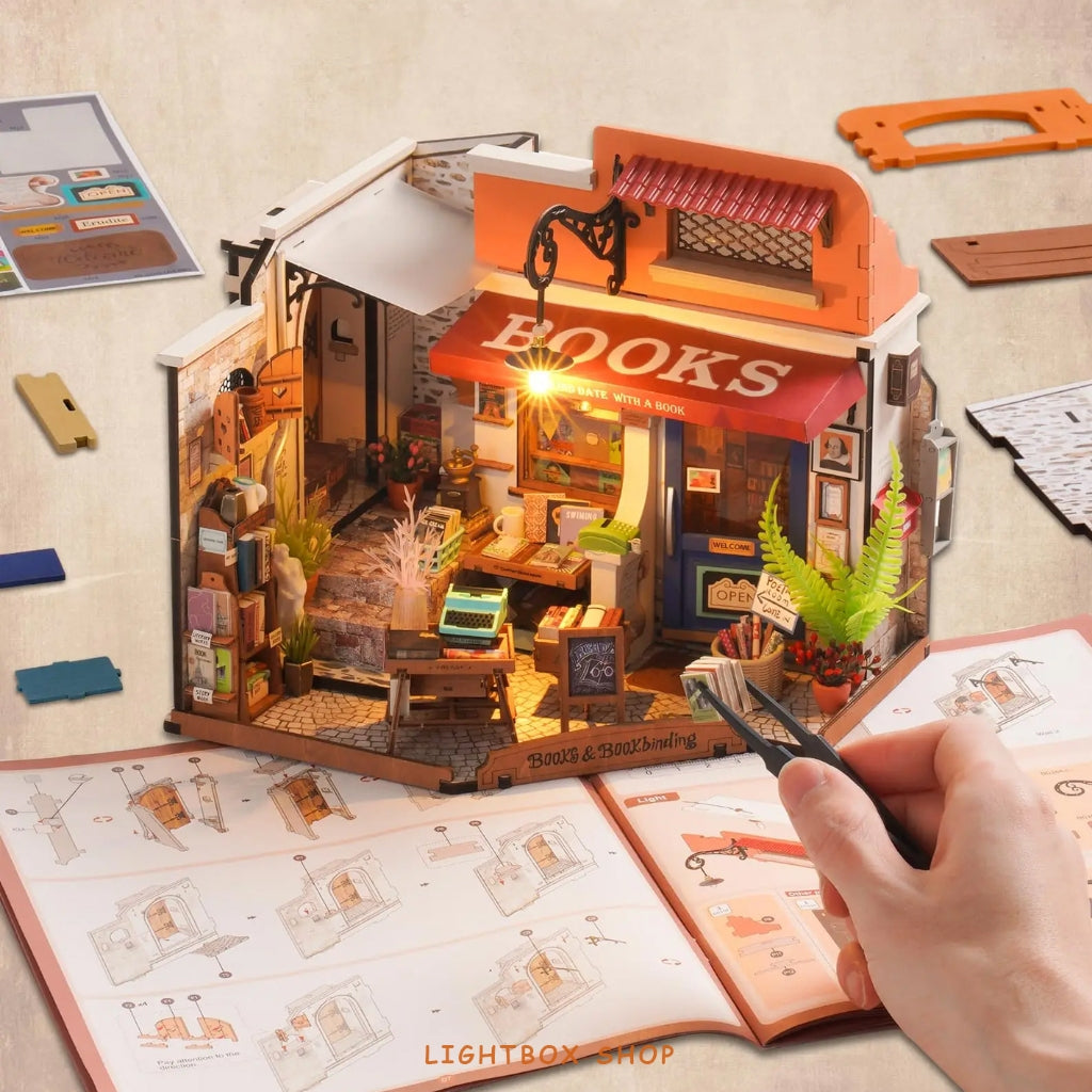 Bộ Sản Phẩm Mô hình Nhà Gỗ Rolife Corner Bookstore DIY DG164. Nhà búp bê Robotime Tự Lắp ráp.