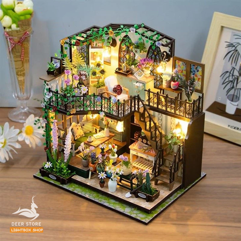 Nhà Hoa Búp Bê Bằng Gỗ DIY Tự làm có nội thật và đèn Led. Tặng Dụng Cụ và 3 bình keo. M2322