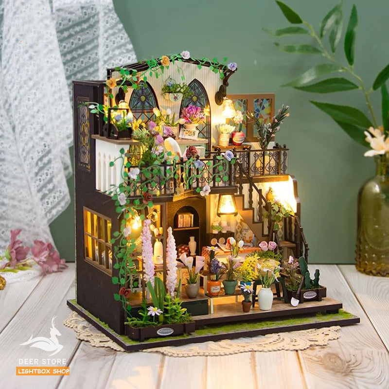 Nhà Hoa Búp Bê Bằng Gỗ DIY Tự làm có nội thật và đèn Led. Tặng Dụng Cụ và 3 bình keo. M2322