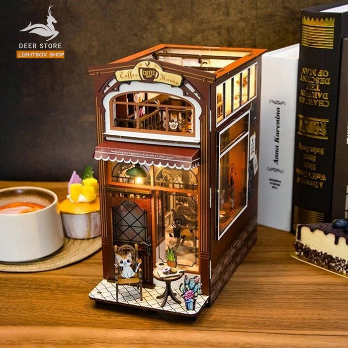 Mô hình gỗ 3d Trang trí giá sách Coffee House Book Nook Miniature Dollhouse. Có đèn led. M2411