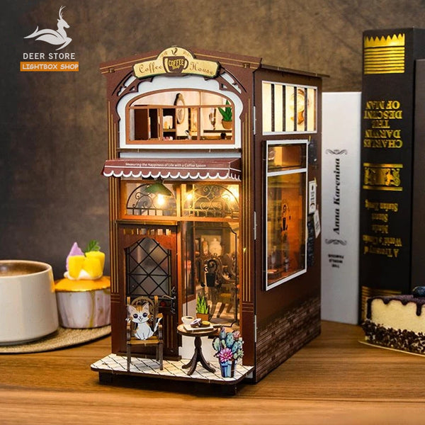 Mô hình gỗ 3d Trang trí giá sách Coffee House Book Nook Miniature Dollhouse. Có đèn led. M2411