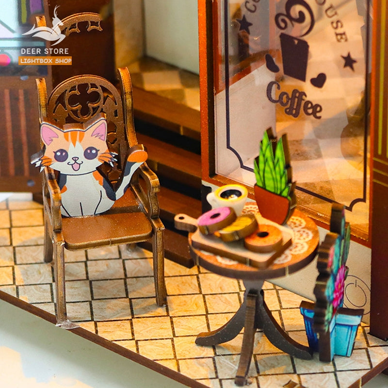 Mô hình gỗ 3d Trang trí giá sách Coffee House Book Nook Miniature Dollhouse. Có đèn led. M2411
