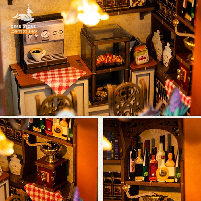 Mô hình gỗ 3d Trang trí giá sách Coffee House Book Nook Miniature Dollhouse. Có đèn led. M2411