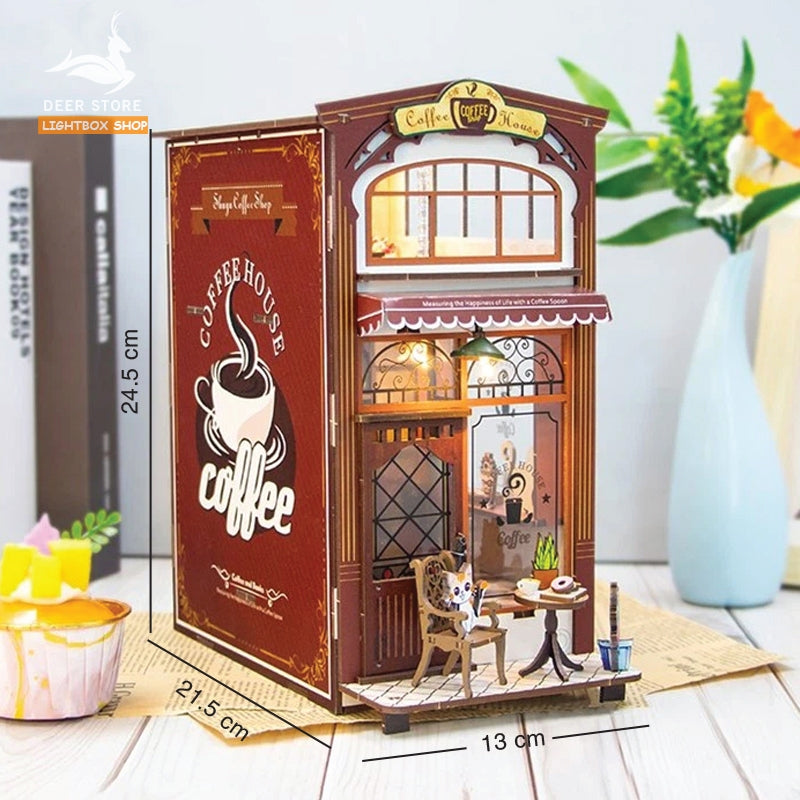 Mô hình gỗ 3d Trang trí giá sách Coffee House Book Nook Miniature Dollhouse. Có đèn led. M2411