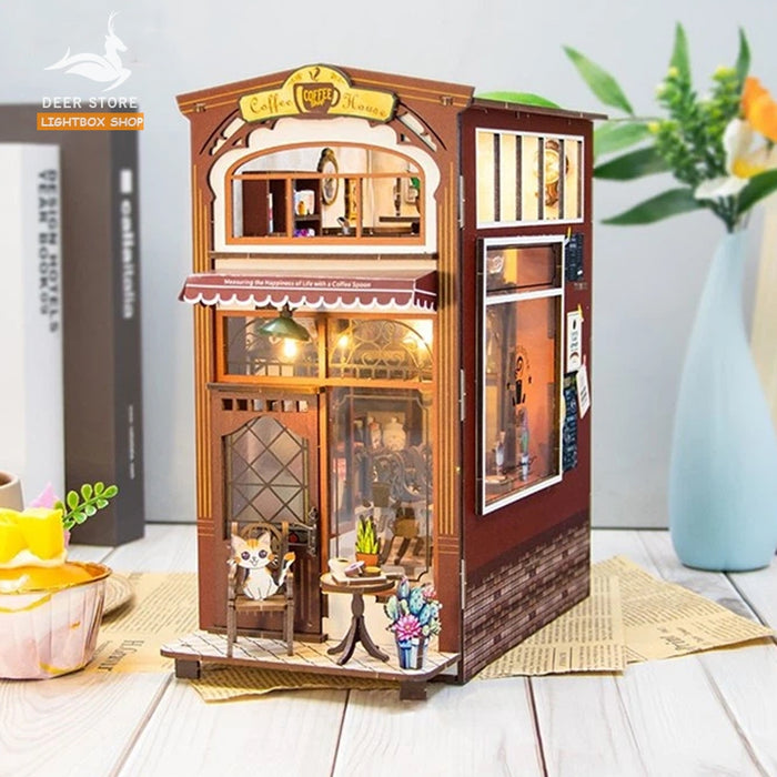 Mô hình gỗ 3d Trang trí giá sách Coffee House Book Nook Miniature Dollhouse. Có đèn led. M2411
