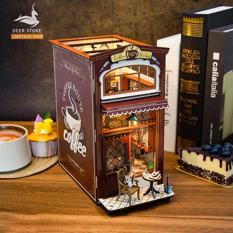 Mô hình gỗ 3d Trang trí giá sách Coffee House Book Nook Miniature Dollhouse. Có đèn led. M2411