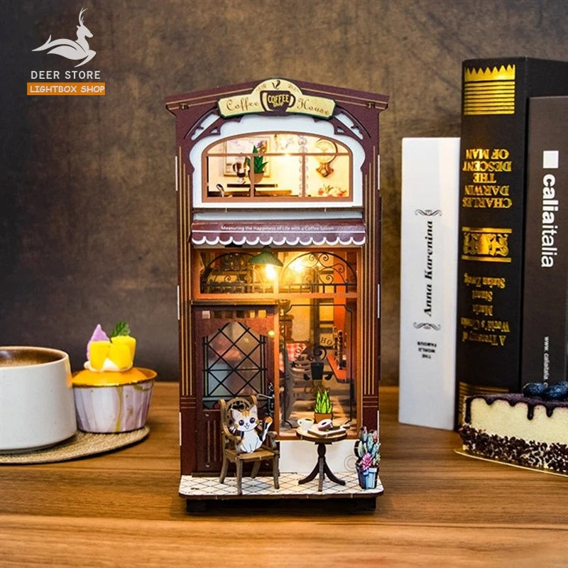 Mô hình gỗ 3d Trang trí giá sách Coffee House Book Nook Miniature Dollhouse. Có đèn led. M2411